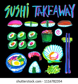 Set Of Big Japanese Style Sushi Meal Painted In Highlighter Felt Tip Pen On Clean Black Background