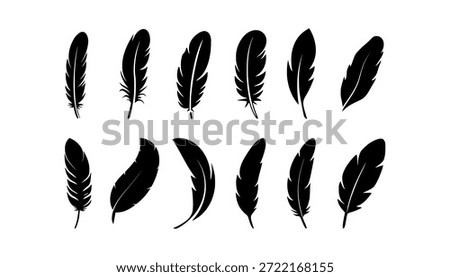 Set of Bird Feather. Feathers vector set in a flat style. Pen icon. Black quill feather silhouette. Plume let collection.vector