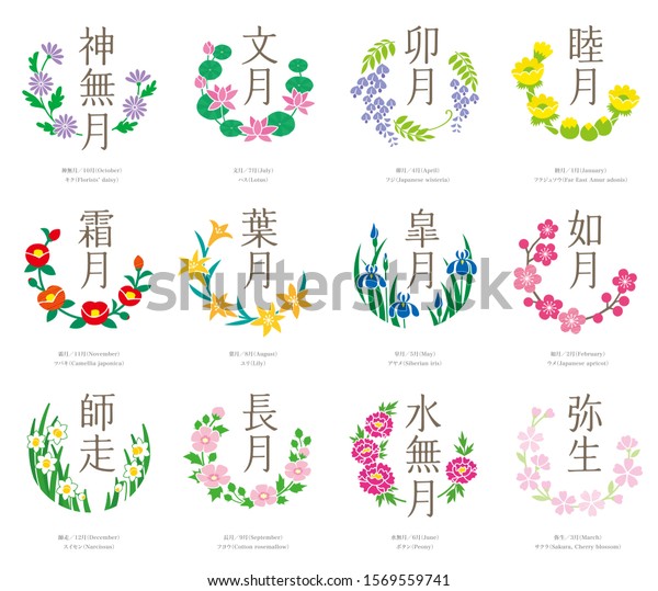 Set Birth Month Flower Logo Japan Stockillustration