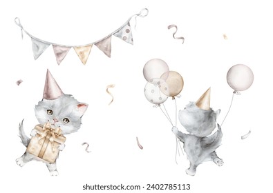 Set for Birthday pastel color. Little gray cat and balloon. Watercolor hand drawn. Gift boxe with bows isolated on white background. Spotted kittens for kid. Garland with flags and party hats cap - Powered by Shutterstock