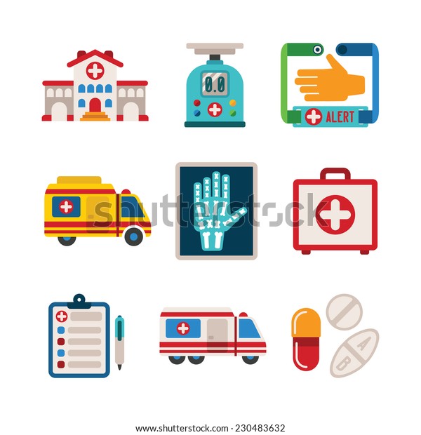 Set of bitmap colorful medical icons like hospital\
building ambulance car first aid kit x-ray pills drugs and tablets\
in flat style