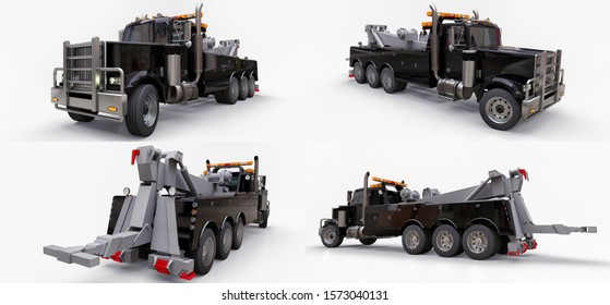 Set Black Cargo Tow Truck To Transport Other Big Trucks Or Various Heavy Machinery. 3d Rendering.