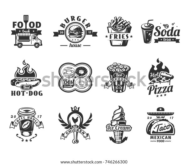 Set of black fast food icons, badges\
with food truck, hamburger, pizza, ice cream, hot dog, roast\
chicken, french fries, taco, donut, coffee and pop\
corn