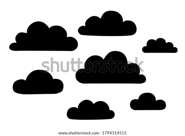白い背景に黒いフワフワした雲のシルエット 平面カートーンスタイルの雲形 カード ステッカー 織物 織物 背景 包装 デザイン用の手描きのエレメント のイラスト素材