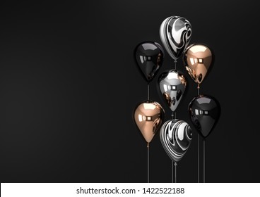 Set of black and gold foil balloons with empty space. Realistic background for birthday, anniversary, wedding congratulation banners. Festive template for social media. 3D render illustration. - Powered by Shutterstock