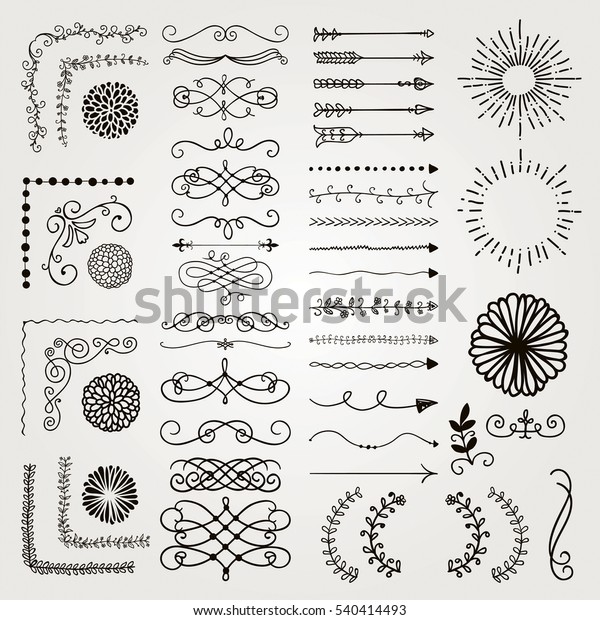 Set of Black Hand\
Drawn Doodle Design Elements. Rustic Decorative Line Borders,\
Dividers, Arrows, Swirls, Scrolls, Ribbons, Banners, Frames Corners\
Objects.\
Illustration