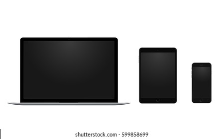 Set of black laptop, tablet and phone, all single and isolated, with blank screens. 4k realistic template.