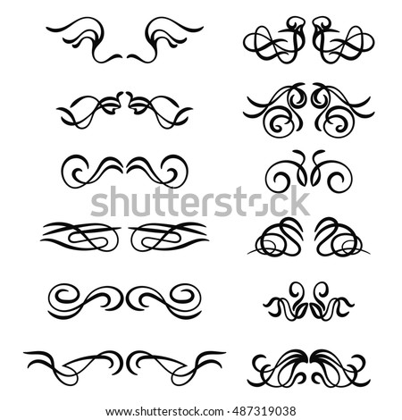 Set of black linear curly headers, icons, logo, design elements set isolated on white background. Hand drawn black swirls. Floral round frame wreath dividers calligraphic shapes. Vector illustration.
