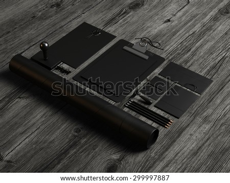 Set of black mockup elements on the wood. 3d render