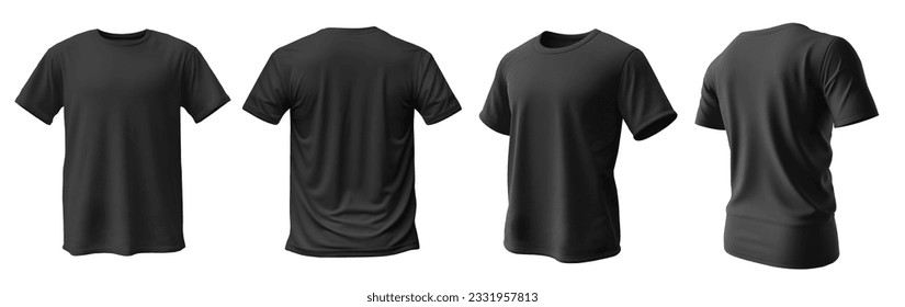 Set of black tee t shirt round neck front, back and side view on white background cutout file. Mockup template for artwork graphic design. 3D rendering

