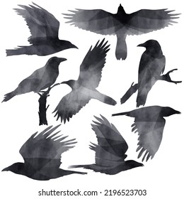 Set of black watercolors ravens in different poses, flying black birds flat animal illustration isolated on PNG transparent background.