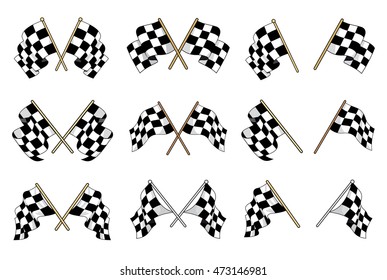 Set of black and white checkered flags used in motor sport with six different crossed designs and six single flags showing different waving motions of the textile
