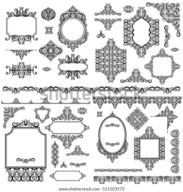 set of black white design elements\
and page decoration - frames, divider, stripe pattern, angle\
collection, calligraphy raster version\
illustration