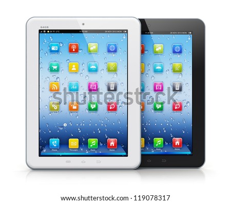 Set of black and white glossy tablet PC mobile computers with colorful icon interface isolated on white background with reflection effect