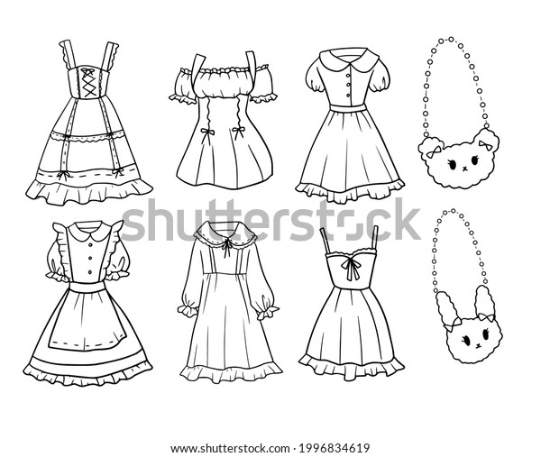 白黒の手描きの落書き風の若い女の子ドレスにテディベアとバニーバッグが付いたセット かわいいかわいい女の子服 のイラスト素材 1996834619