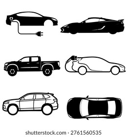 A set of black and white illustrations featuring different car styles, including electric, sports, pickup truck, and SUV models, showcasing their unique designs and shapes