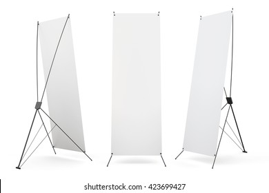 Set of blank banner x-stands display isolated on white background. 3d render image.