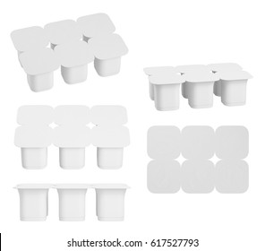 Set Of Blank Pack Of Six Yogurt  Packaging. Mockup Dessert Plastic Container Isolated On White Background. 3D Illustration