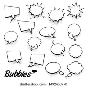 Set Of Blank Template In Pop Art Style. Raster Comic Text Speech Bubble Halftone Dot Background. Empty Cloud Of Comics Book Dialog Space For Cartoon Box Pop-art. 