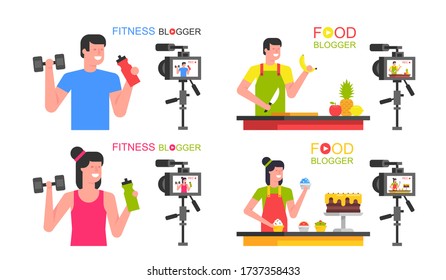 Set Of Bloggers Man And Woman. Food Blogger, Athletic Blogger. Making A Video. Flat Style. Isolated On White Background