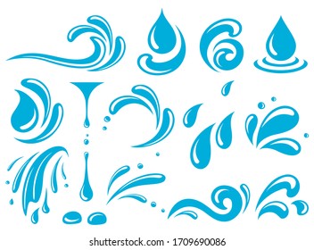 Set Of Blue Drops, Splash, Sea Waves, Pouring Water, Spray Icons And Design Elements On White Background