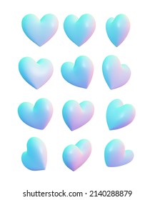 Set Of Blue Holographic Volumetric Hearts Isolated On A White Background. Simple 3d Shapes For Decoration, Background, Illustration.