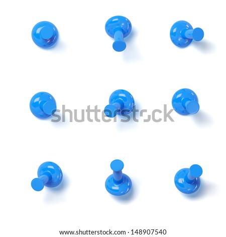 Set of blue push pins with different angles isolated