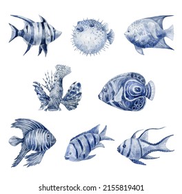 Set Of Blue Sea Fishes. Watercolor Illustration.