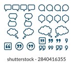 A set of blue speech bubbles thought clouds and quotation marks arranged on a white background