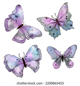 Set Of Blue Watercolor Buterfly, Isolated On White Background