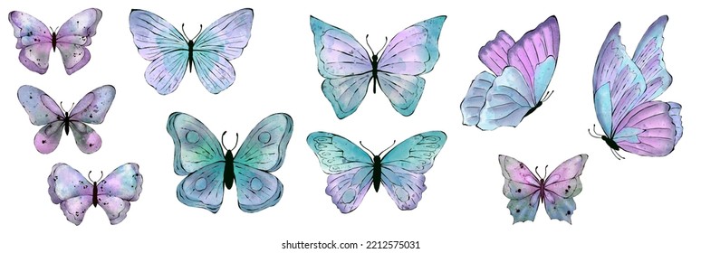 Set Of Blue Watercolor Buterfly, Isolated On White Background