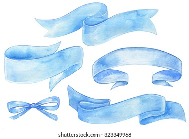 Set Of Blue Watercolor Ribbon