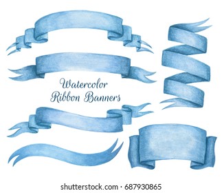 A Set Of Blue Watercolor Ribbon Banners. Hand Drawing.