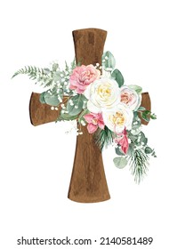 Set boho wooden watercolor cross and eucalyptus  fern   roses white background  For first communion  baptism invitations  easter 