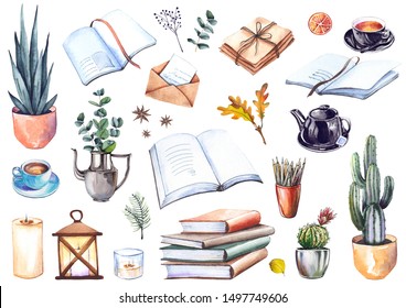 Set of books, house plants, coffee cups, letters, candles and leaves. Cozy home illustration. Watercolor isolated on white background.