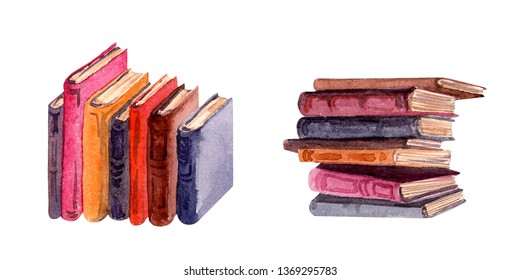 Set of books stacks. Watercolor