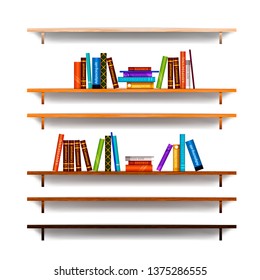 Set Of Bookshelves With Different Colourful Books Isolated On White