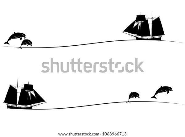 set of borders with tall ships and dolphins in\
black and white