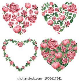 Set of botanical heart shaped wreaths made of rose flowers in pinkand green colors. Hand drawn watercolor illustration.