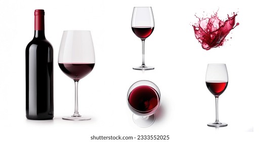 Set of a bottle of red wine isolated on white background, a glass top view and side view, splashes - Powered by Shutterstock