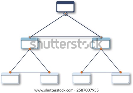 Set of boxes with connections and hierarchy, small, colorful, blue and orange flowchart, three levels.