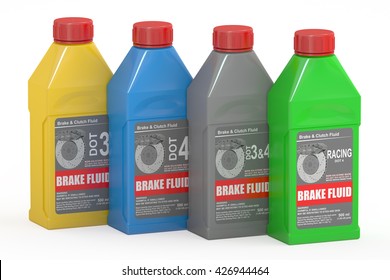 Set Of Brake Fluid Bottles, 3D Rendering Isolated On White Background