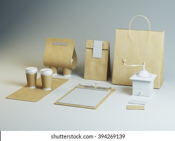 Set Of Branding Elements For Coffee Shop Or Restoraunt. Light Mockup, Empty Craft Style Package