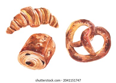 Set of bread for breakfast, croissant,  pain du chocolat, pretzel, watercolor food illustration