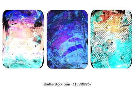 Set of bright blurred abstract textures. Colorful handmade backgrounds with flower imprints, stains, scuffed areas. Textured hand painted illustration.