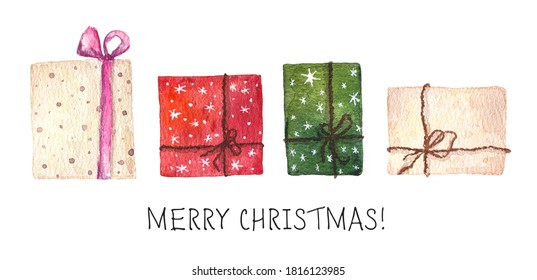 Set Of Bright Colorful Christmas Presents Isolated On White Background. Hand Painted Watercolor Illustration. 