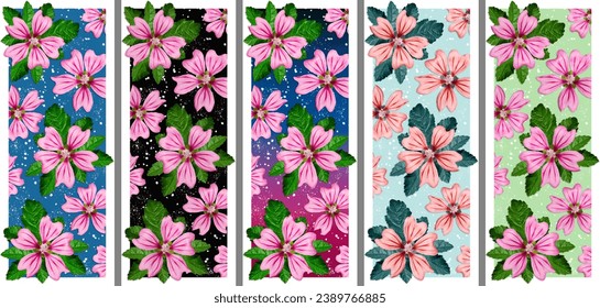 Set of bright floral backgrounds for bookmark design or cell phone wallpaper. Five different brightly colored backgrounds with pink mallow flowers. - Powered by Shutterstock