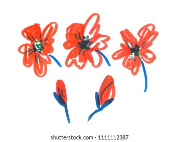 Set Of Bright Orange Abstract Flowers And Buds With Blue Stems Painted In Highlighter Felt Tip Pen On Clean White Background