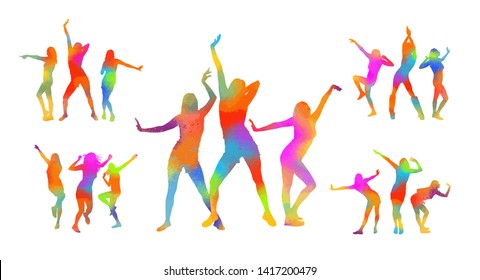Set of bright silhouettes of dancing girls. Raster illustration
