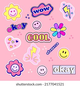 A Set Of Bright Stickers In The Style Of The 2000s